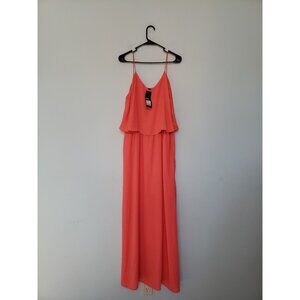 Mossimo Women 2XL Maxi Tank Dress V Neck Bright Pink Semi Sheer Flowy Ruffle NWT